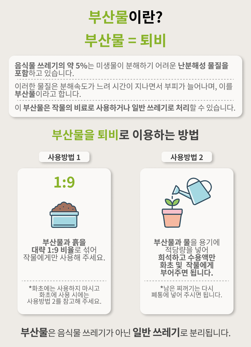 부산물이란? 부산물 = 퇴비 — 사용방법 1: 부산물과 흙을 1:9로 섞어 사용, 사용방법 2: 물에 희석해 사용