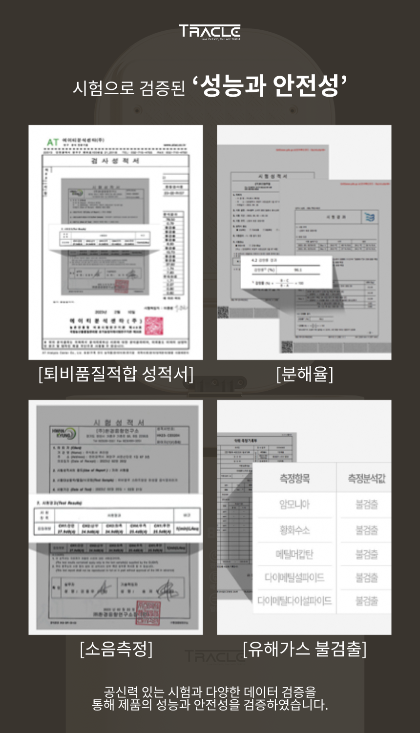 시험으로 검증된 성능과 안전성 — 퇴비품질적합·분해율·소음측정·유해가스 불검출 시험성적서 4종